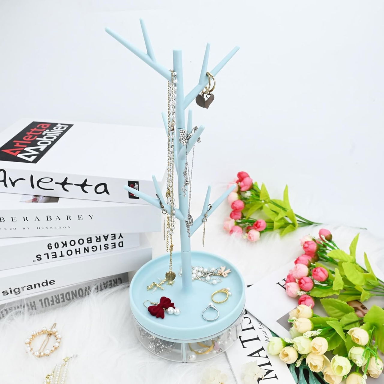 Cutie de Bijuterii, Flippy, Rotativa, cu Suport Tip Ramura, 36.5 x 14 cm, din ABS+PP, Albastru [6]