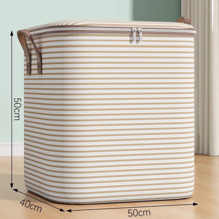 Cutie de Depozitare cu Fermoar, Flippy, Pliabila, Maner Ranforsat, Fermoar Rezistent, pentru Haine, Paturi, Plapume, Perne, Lenjerii de Pat, Jucarii, 50x40x50 cm, 100 Litri, in Dungi, Bej [2]