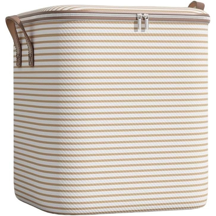 Cutie de Depozitare cu Fermoar, Flippy, Pliabila, Maner Ranforsat, Fermoar Rezistent, pentru Haine, Paturi, Plapume, Perne, Lenjerii de Pat, Jucarii, 56x45x56 cm, 150 Litri, in Dungi, Bej [3]