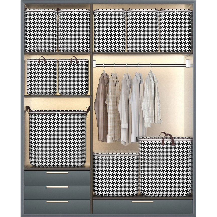 Cutie de Depozitare cu Fermoar, Flippy, Pliabila, Maner Ranforsat, Fermoar Rezistent, pentru Haine, Paturi, Plapumi, Perne, Lenjerii de Pat, Jucarii, 80 Litri, in Carouri, Alb-Negru [2]