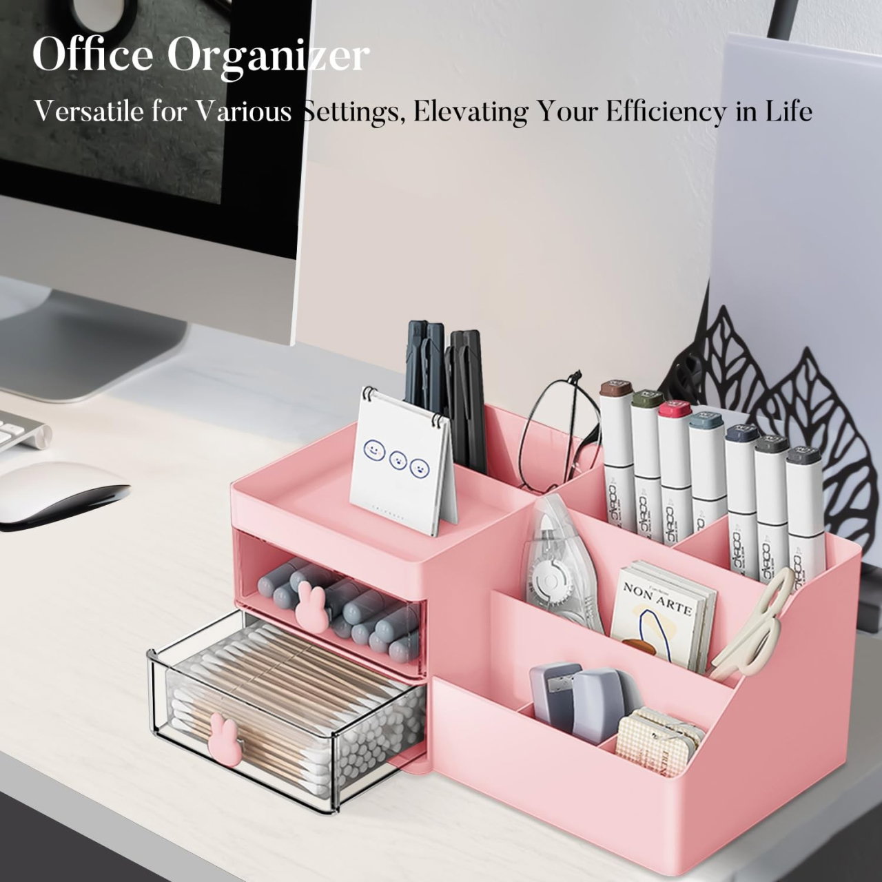 Cutie de Depozitare pentru Birou, Flippy, Pentru Makeup, Papetarie, Organizator Cosmetice, 2 Sertare si Compartimente Multiple, Model Iepuras, Plastic, 27.5x15.5x12 cm, Roz [5]