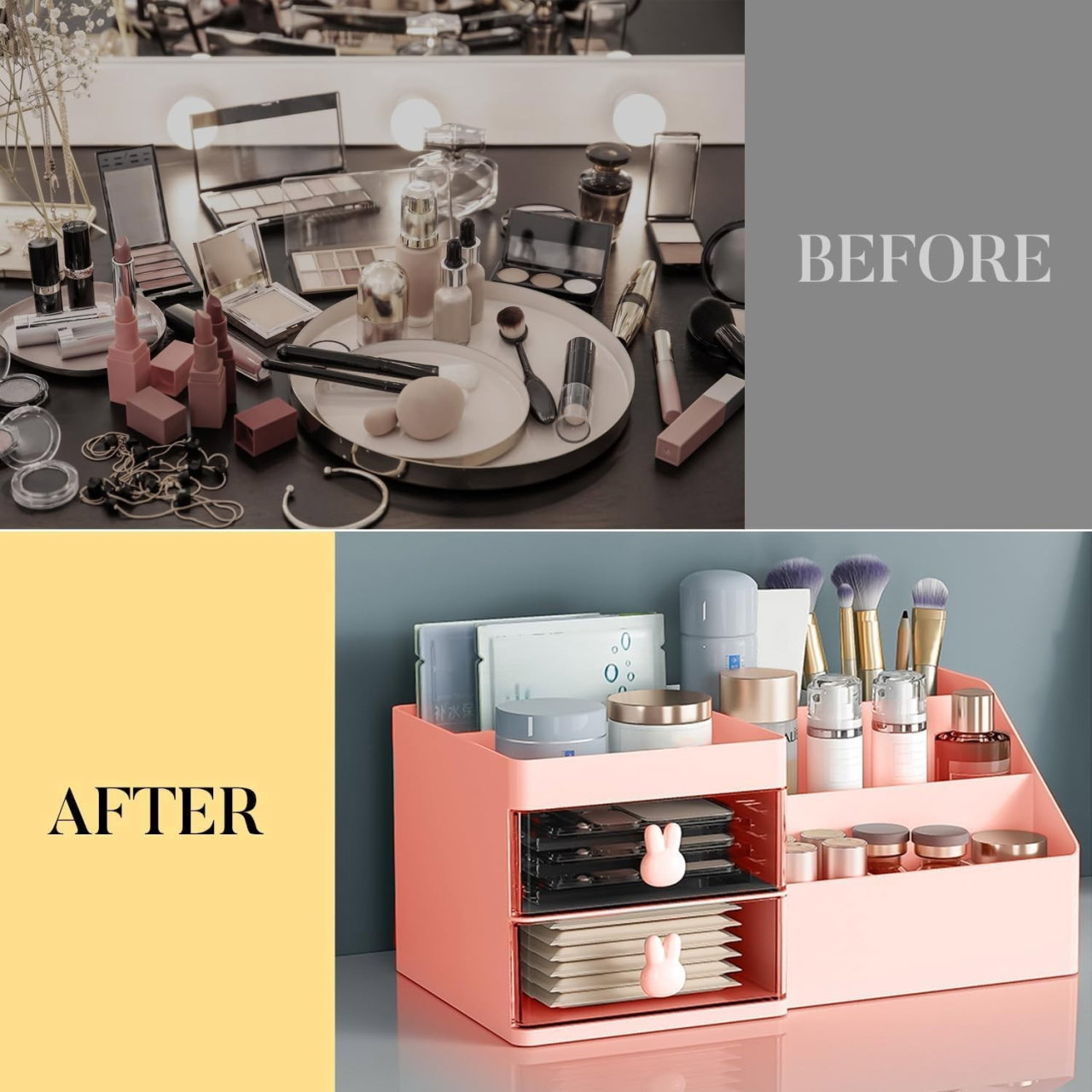 Cutie de Depozitare pentru Birou, Flippy, Pentru Makeup, Papetarie, Organizator Cosmetice, 2 Sertare si Compartimente Multiple, Model Iepuras, Plastic, 27.5x15.5x12 cm, Roz [7]