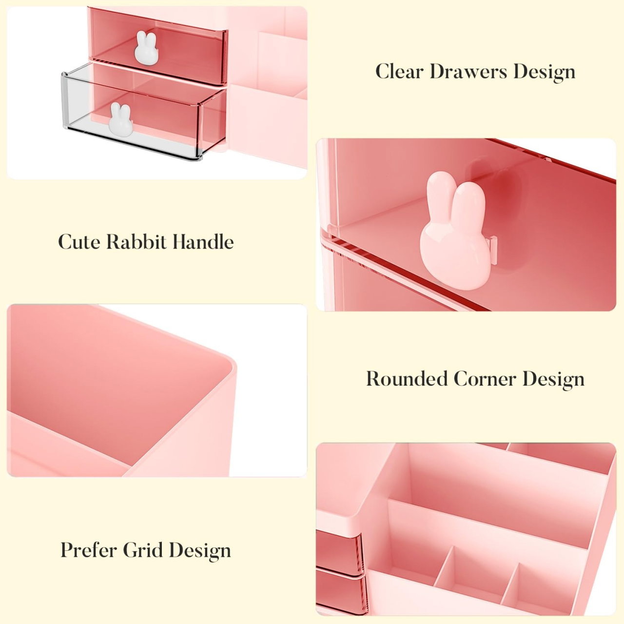 Cutie de Depozitare pentru Birou, Flippy, Pentru Makeup, Papetarie, Organizator Cosmetice, 2 Sertare si Compartimente Multiple, Model Iepuras, Plastic, 27.5x15.5x12 cm, Roz [8]