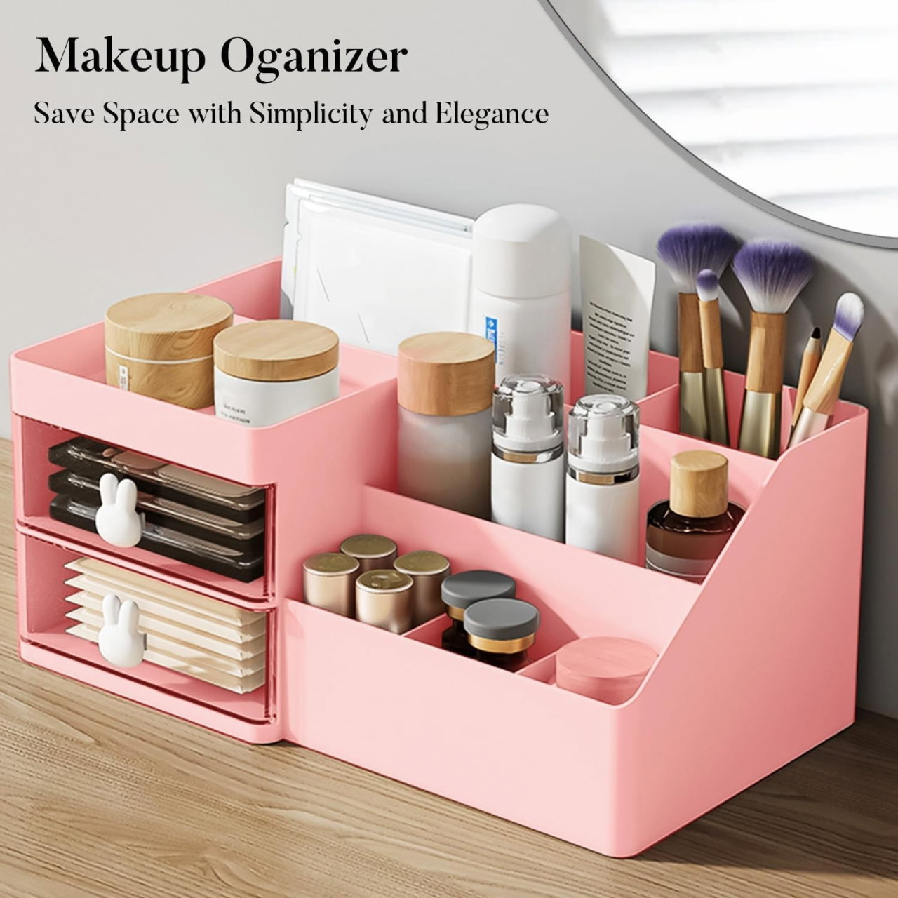 Cutie de Depozitare pentru Birou, Flippy, Pentru Makeup, Papetarie, Organizator Cosmetice, 2 Sertare si Compartimente Multiple, Model Iepuras, Plastic, 27.5x15.5x12 cm, Roz [6]