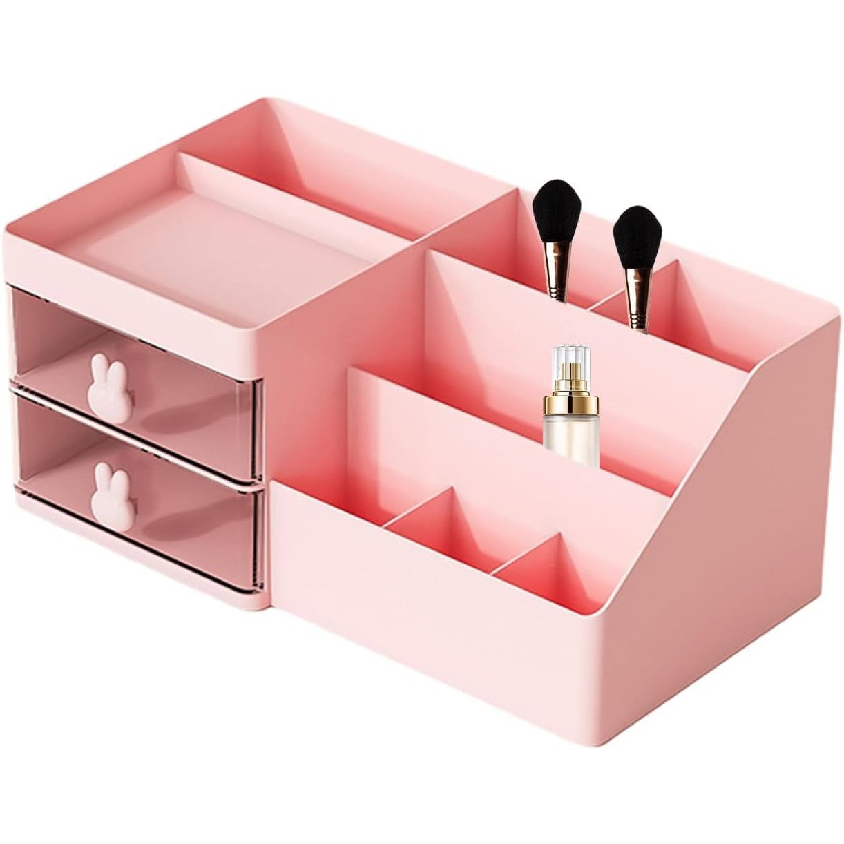 Cutie de Depozitare pentru Birou, Flippy, Pentru Makeup, Papetarie, Organizator Cosmetice, 2 Sertare si Compartimente Multiple, Model Iepuras, Plastic, 27.5x15.5x12 cm, Roz [4]