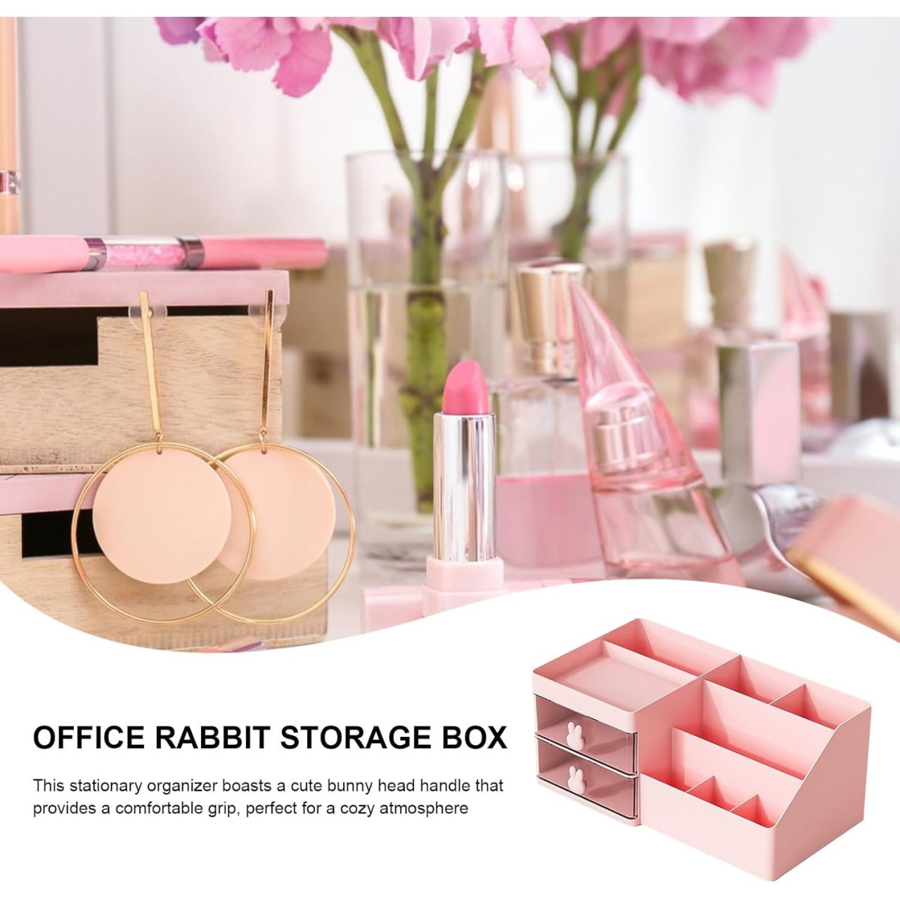 Cutie de Depozitare pentru Birou, Flippy, Pentru Makeup, Papetarie, Organizator Cosmetice, 2 Sertare si Compartimente Multiple, Model Iepuras, Plastic, 27.5x15.5x12 cm, Roz [3]