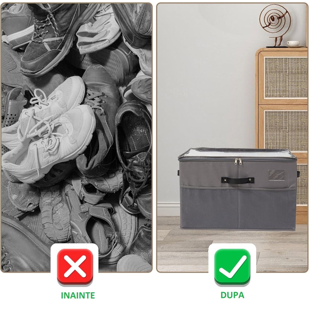 Cutie de Depozitare pentru Pantofi, Flippy, 53x42x33 cm, cu Capac Transparent si Fermoar, din Panza Oxford, Pliabila, Gri [8]