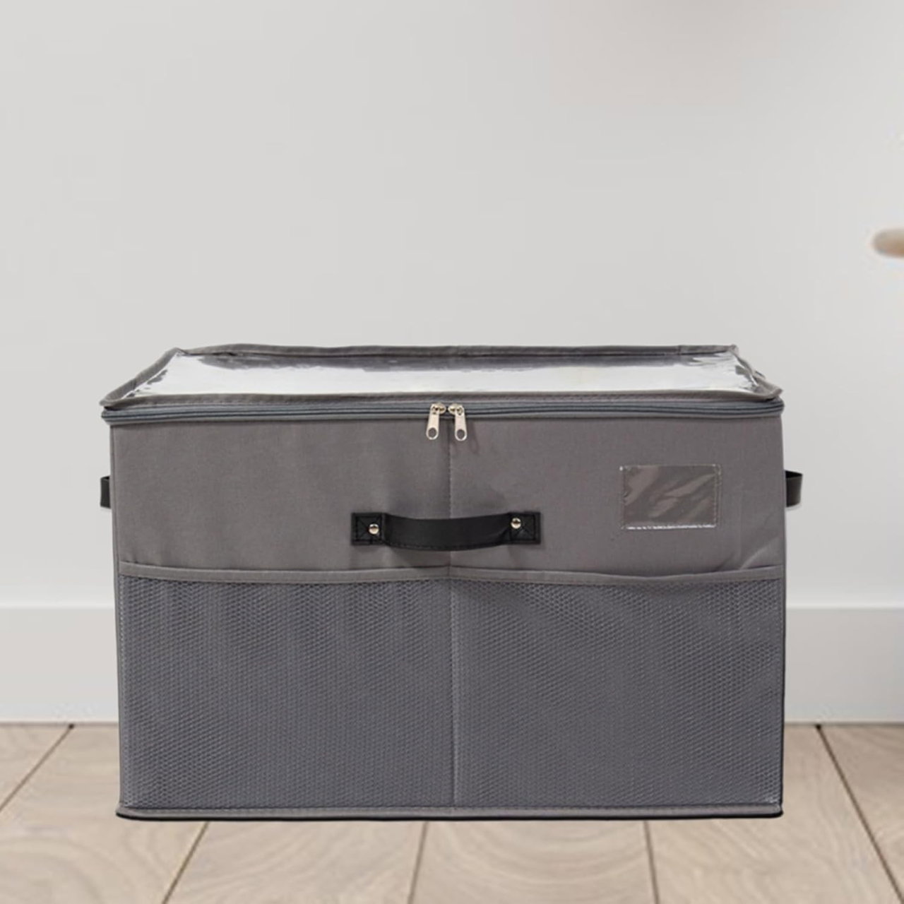 Cutie de Depozitare pentru Pantofi, Flippy, 53x42x33 cm, cu Capac Transparent si Fermoar, din Panza Oxford, Pliabila, Gri [4]