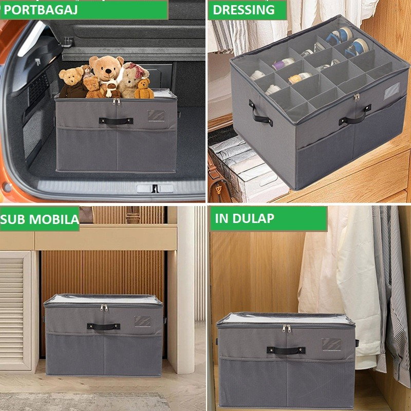 Cutie de Depozitare pentru Pantofi, Flippy, 53x42x33 cm, cu Capac Transparent si Fermoar, din Panza Oxford, Pliabila, Gri [6]