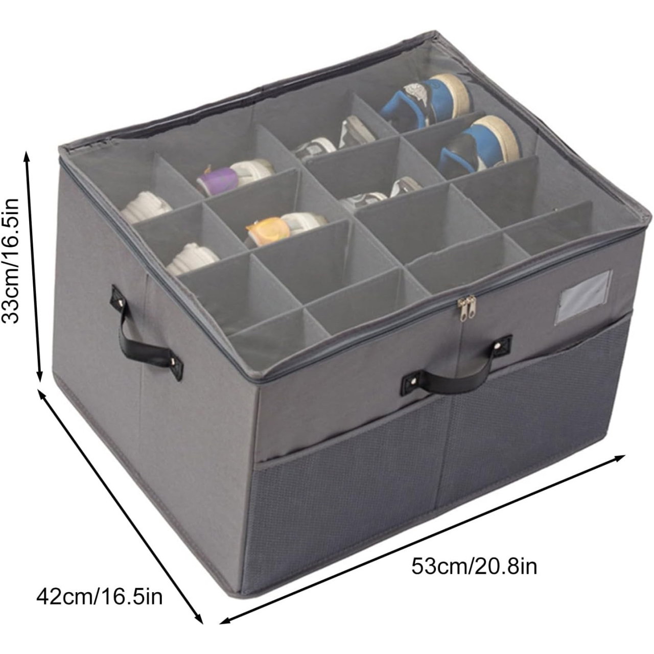 Cutie de Depozitare pentru Pantofi, Flippy, 53x42x33 cm, cu Capac Transparent si Fermoar, din Panza Oxford, Pliabila, Gri [3]