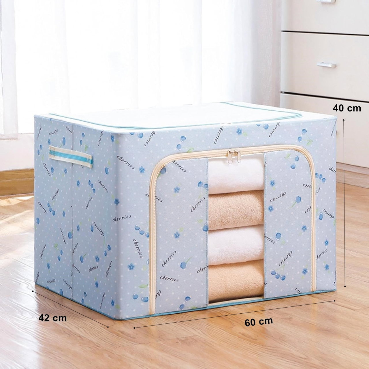 Cutie de Depozitare Pliabila, Flippy, 100 L, din Tesatura Oxford, 60x42x40 cm, Fereastra Frontala, 2 Usi de Acces cu Fermoar Bidirectional, Cadru Metalic, Suport Baza Stabil din Plastic, Imprimeu Cire [3]