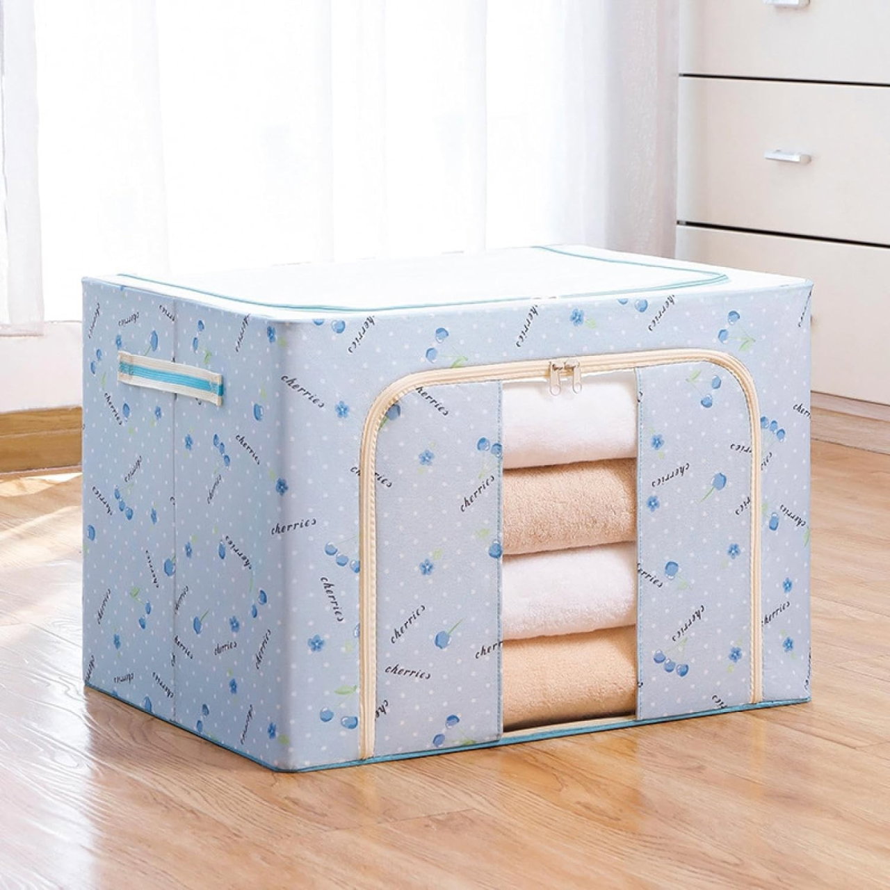 Cutie de Depozitare Pliabila, Flippy, 100 L, din Tesatura Oxford, 60x42x40 cm, Fereastra Frontala, 2 Usi de Acces cu Fermoar Bidirectional, Cadru Metalic, Suport Baza Stabil din Plastic, Imprimeu Cire [2]