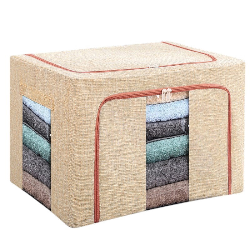 Cutie de Depozitare Pliabila, Flippy, 24 L, din Bumbac si In, 40x30x20 cm, 2 Ferestre, Frontala si Laterala, 2 Usi de Acces cu Fermoar Bidirectional, Cadru Metalic, Suport Baza Stabil din Plastic, Bej [10]