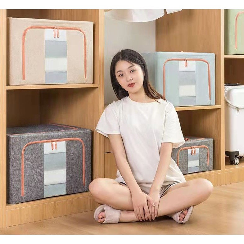 Cutie de Depozitare Pliabila, Flippy, 24 L, din Bumbac si In, 40x30x20 cm, 2 Ferestre, Frontala si Laterala, 2 Usi de Acces cu Fermoar Bidirectional, Cadru Metalic, Suport Baza Stabil din Plastic, Bej [7]