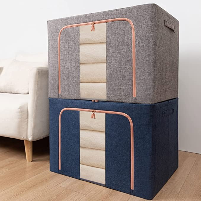 Cutie de Depozitare Pliabila, Flippy, 24 L, din Bumbac si In, 40x30x20 cm, Fereastra Frontala, 2 Usi de Acces cu Fermoar Bidirectional, Cadru Metalic, Suport Baza Stabil din Plastic, Albastru Marin [3]