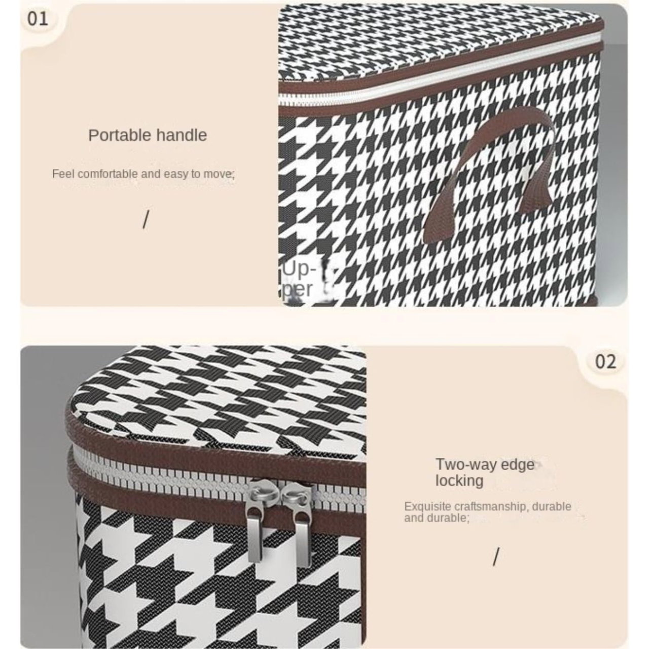 Cutie de Depozitare Pliabila, Flippy, 55x35x25 cm, 50 L, Fereastra Frontala, cu Fermoar Bidirectional, Suport Baza Stabil, Imprimeu in Carouri, Alb/Negru [9]