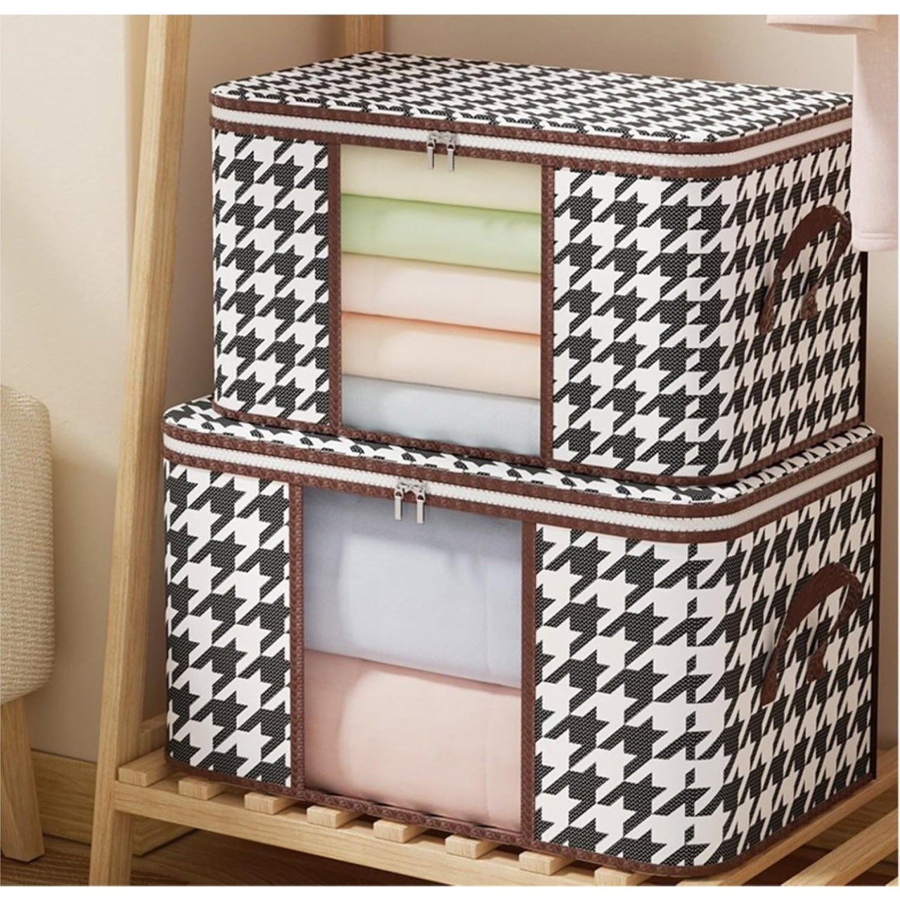 Cutie de Depozitare Pliabila, Flippy, 55x35x25 cm, 50 L, Fereastra Frontala, cu Fermoar Bidirectional, Suport Baza Stabil, Imprimeu in Carouri, Alb/Negru [2]