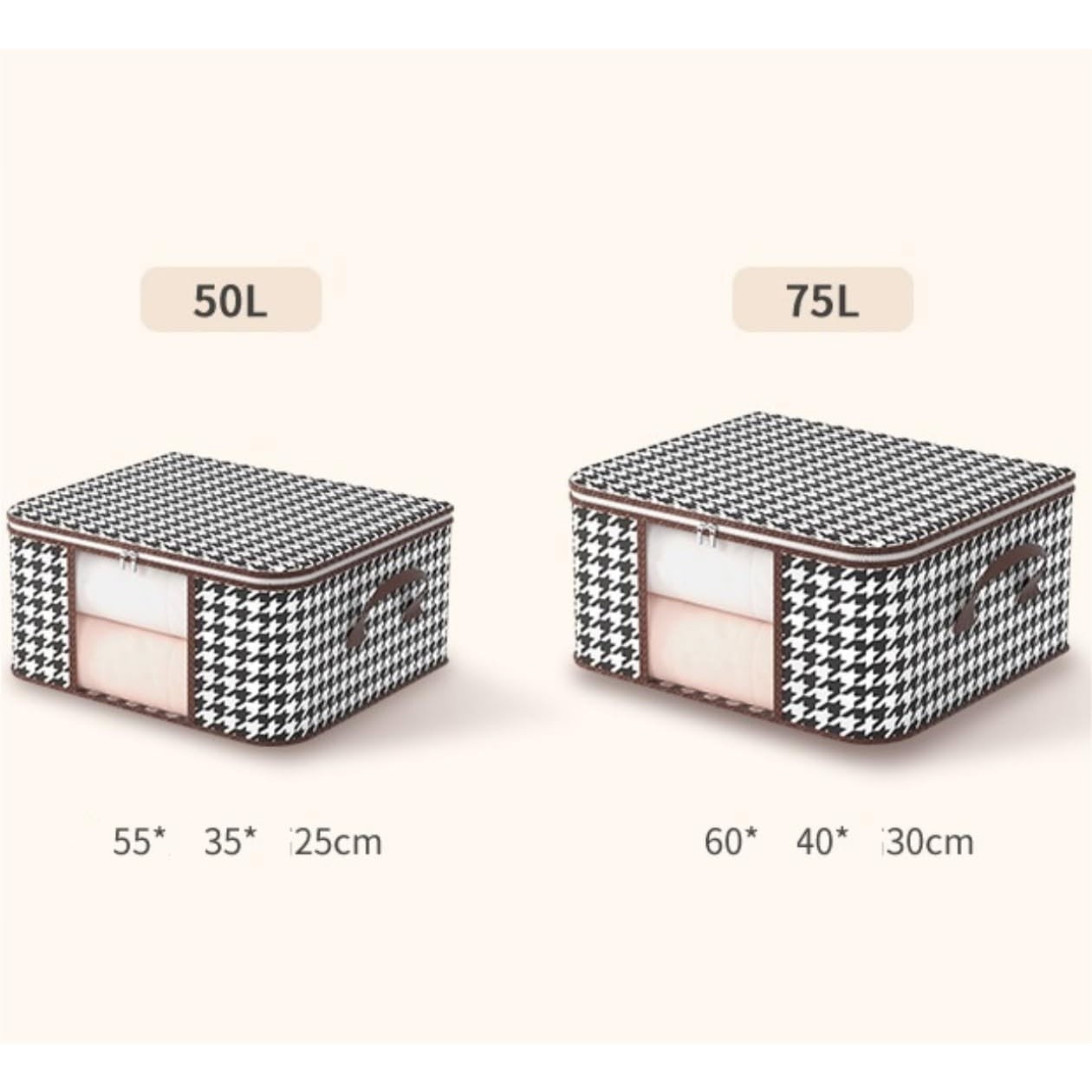 Cutie de Depozitare Pliabila, Flippy, 55x35x25 cm, 50 L, Fereastra Frontala, cu Fermoar Bidirectional, Suport Baza Stabil, Imprimeu in Carouri, Alb/Negru [3]