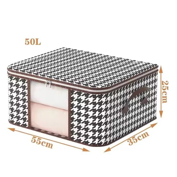 Cutie de Depozitare Pliabila, Flippy, 55x35x25 cm, 50 L, Fereastra Frontala, cu Fermoar Bidirectional, Suport Baza Stabil, Imprimeu in Carouri, Alb/Negru [7]