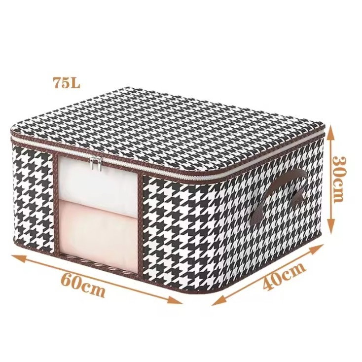 Cutie de Depozitare Pliabila, Flippy, 60x40x30 cm, 75 L, Fereastra Frontala, cu Fermoar Bidirectional, Suport Baza Stabil, Imprimeu in Carouri, Alb/Negru [7]