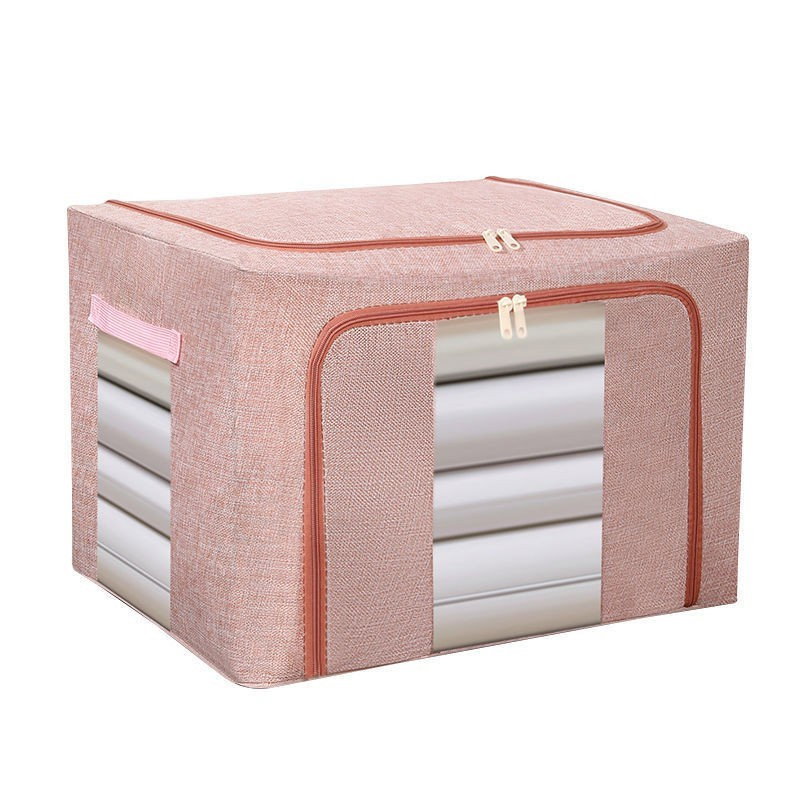 Cutie de Depozitare Pliabila, Flippy, 66 L, din Bumbac si In, 50x40x33 cm, 2 Ferestre, Frontala si Laterala, 2 Usi de Acces cu Fermoar Bidirectional, Cadru Metalic, Suport Baza Stabil din Plastic, Roz [4]