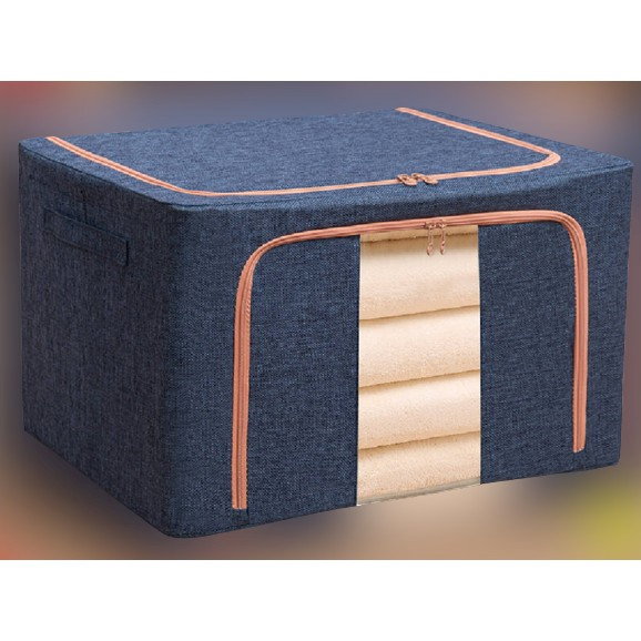 Cutie de Depozitare Pliabila, Flippy, 66 L, din Bumbac si In, 50x40x33 cm, Fereastra Frontala, 2 Usi de Acces cu Fermoar Bidirectional, Cadru Metalic, Suport Baza Stabil din Plastic, Albastru Marin [2]