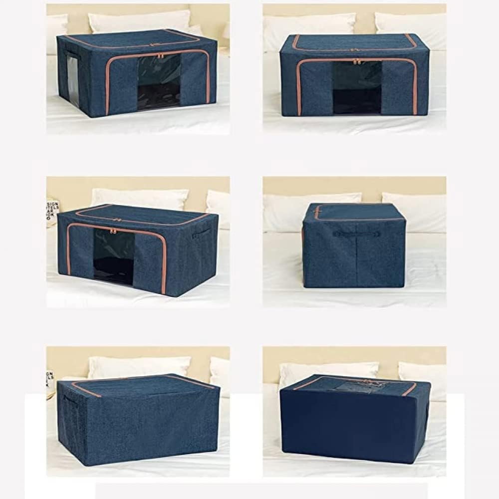 Cutie de Depozitare Pliabila, Flippy, Cu Fermoar, 100 L, Textil, 60x42x40 cm, Cadru Metalic, Suport Baza Stabil din Plastic, Albastru Marin cu Doua Ferestre [4]