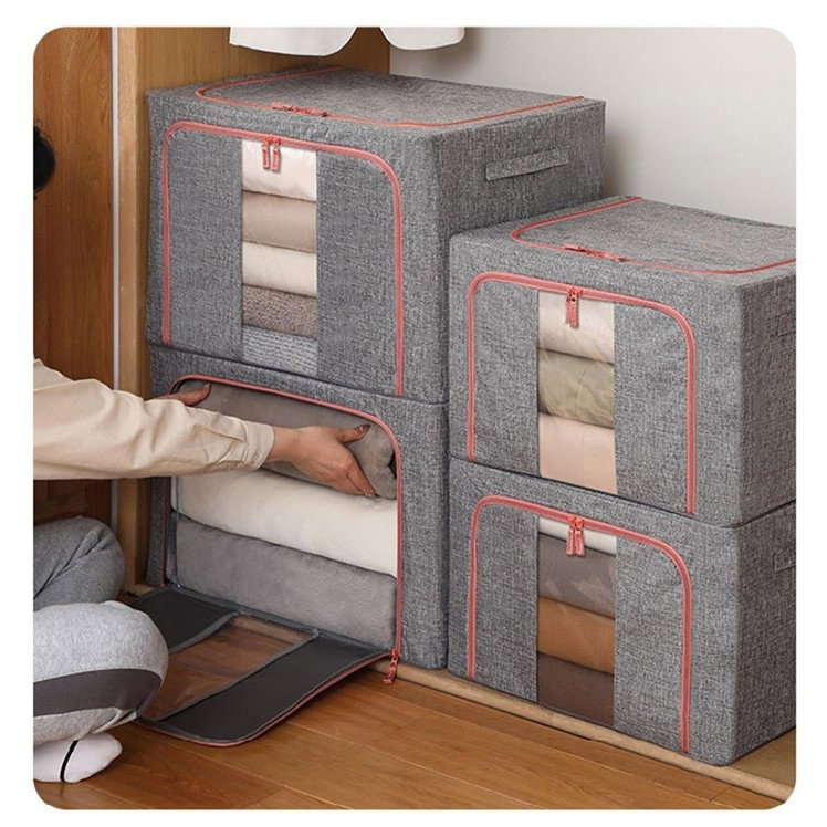 Cutie de depozitare pliabila, Flippy, Cu fermoar, 100 L, Textil, 60x42x40 cm, Cadru Metalic, Suport Baza Stabil din Plastic, Gri, Cu doua ferestre [4]