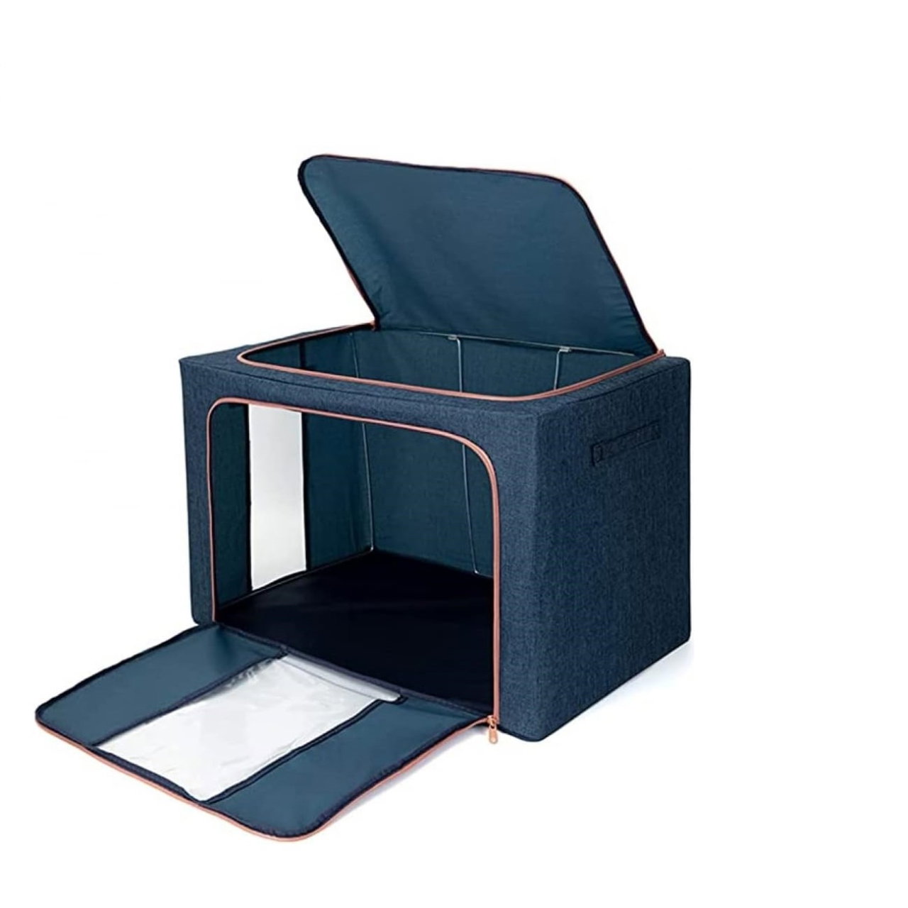 Cutie de Depozitare Pliabila, Flippy, Cu Fermoar, 24 L, Textil, 40x30x20 cm, Cadru Metalic, Suport Baza Stabil din Plastic, Albastru Marin cu Doua Ferestre [3]