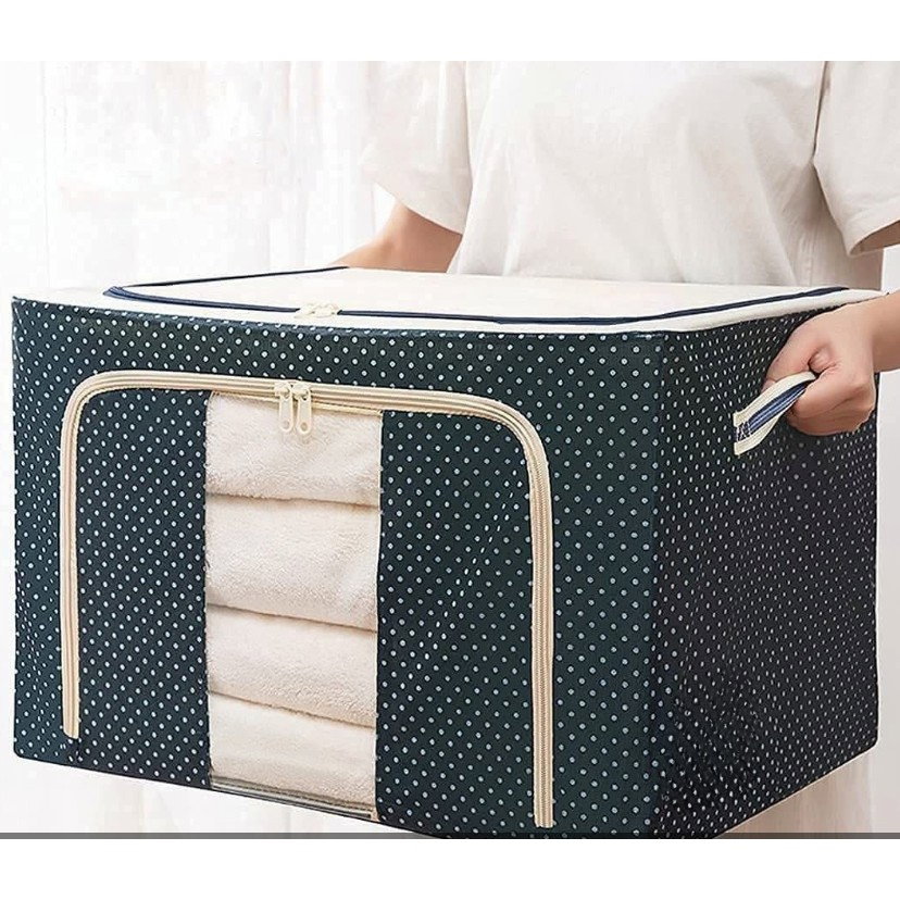 Cutie de Depozitare Pliabila, Flippy, Cu Fermoar, 66 L, Textil, 50 x 40 x 33 cm, Cadru Metalic, Suport Baza Stabil din Plastic, Imprimeu Buline, Albastru Marin [2]