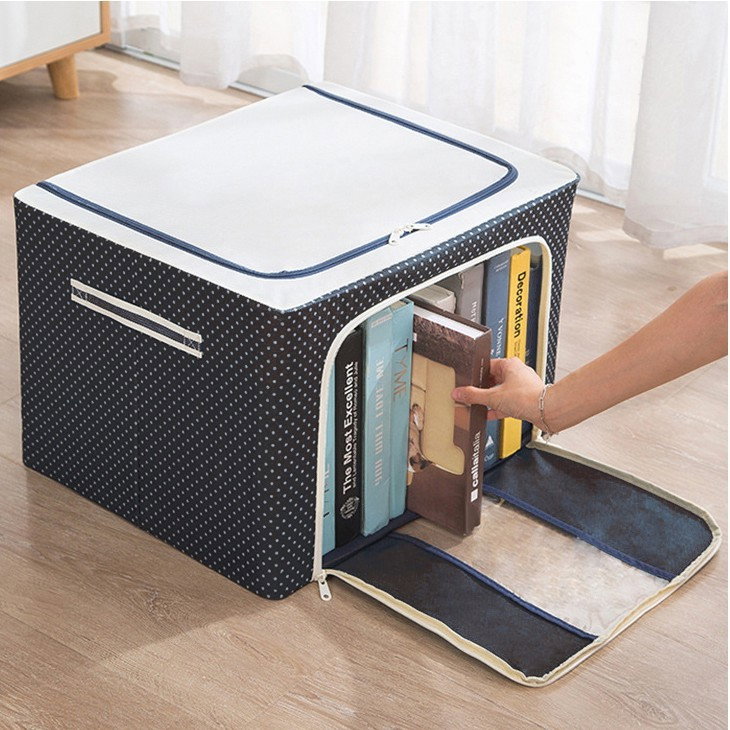 Cutie de Depozitare Pliabila, Flippy, Cu Fermoar, 66 L, Textil, 50 x 40 x 33 cm, Cadru Metalic, Suport Baza Stabil din Plastic, Imprimeu Buline, Albastru Marin [6]