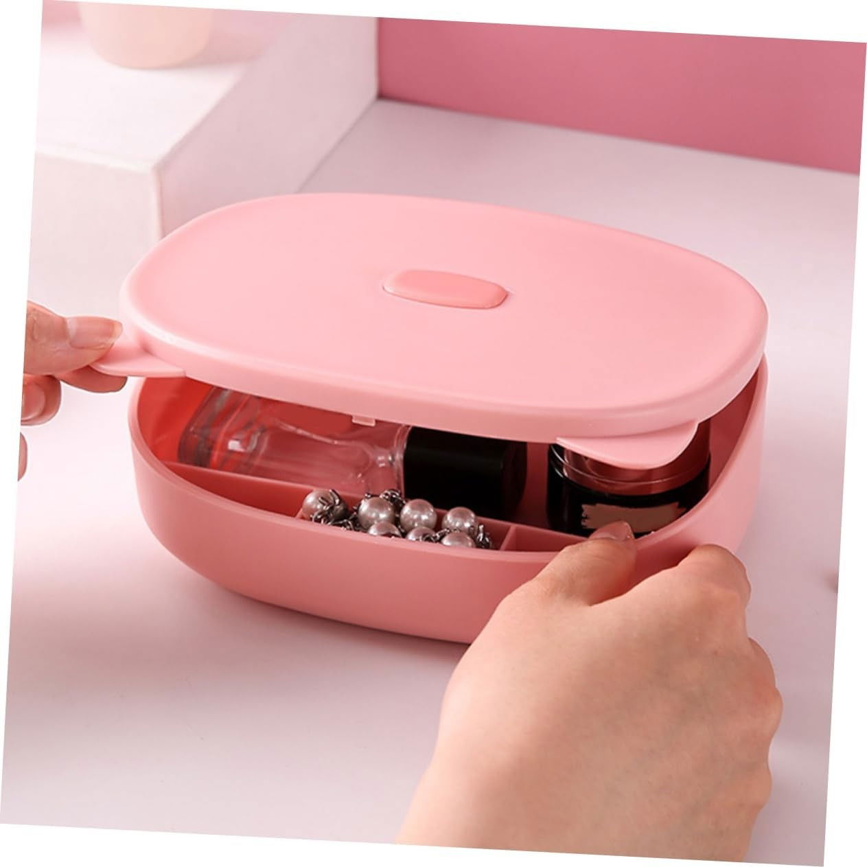 Cutie Organizatoare cu Oglinda, Flippy, 4 Compartimente, pentru Cosmetice si Accesorii, din ABS, 17x13x6 cm, Roz [6]