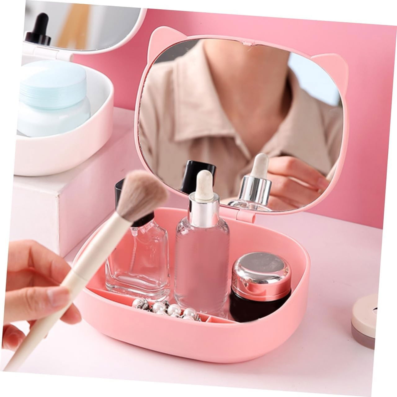 Cutie Organizatoare cu Oglinda, Flippy, 4 Compartimente, pentru Cosmetice si Accesorii, din ABS, 17x13x6 cm, Roz [4]