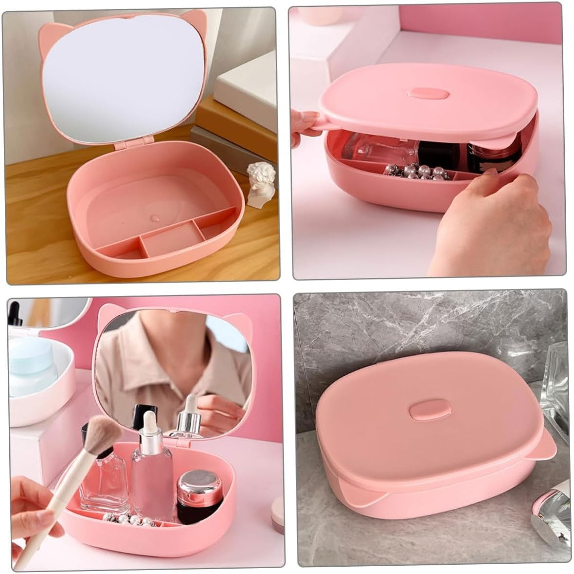 Cutie Organizatoare cu Oglinda, Flippy, 4 Compartimente, pentru Cosmetice si Accesorii, din ABS, 17x13x6 cm, Roz [3]