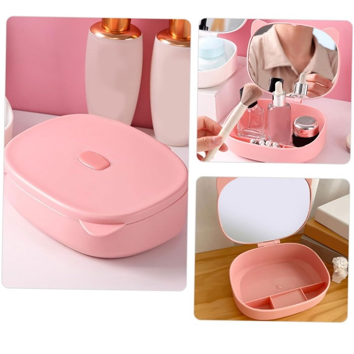 Cutie Organizatoare cu Oglinda, Flippy, 4 Compartimente, pentru Cosmetice si Accesorii, din ABS, 17x13x6 cm, Roz [5]