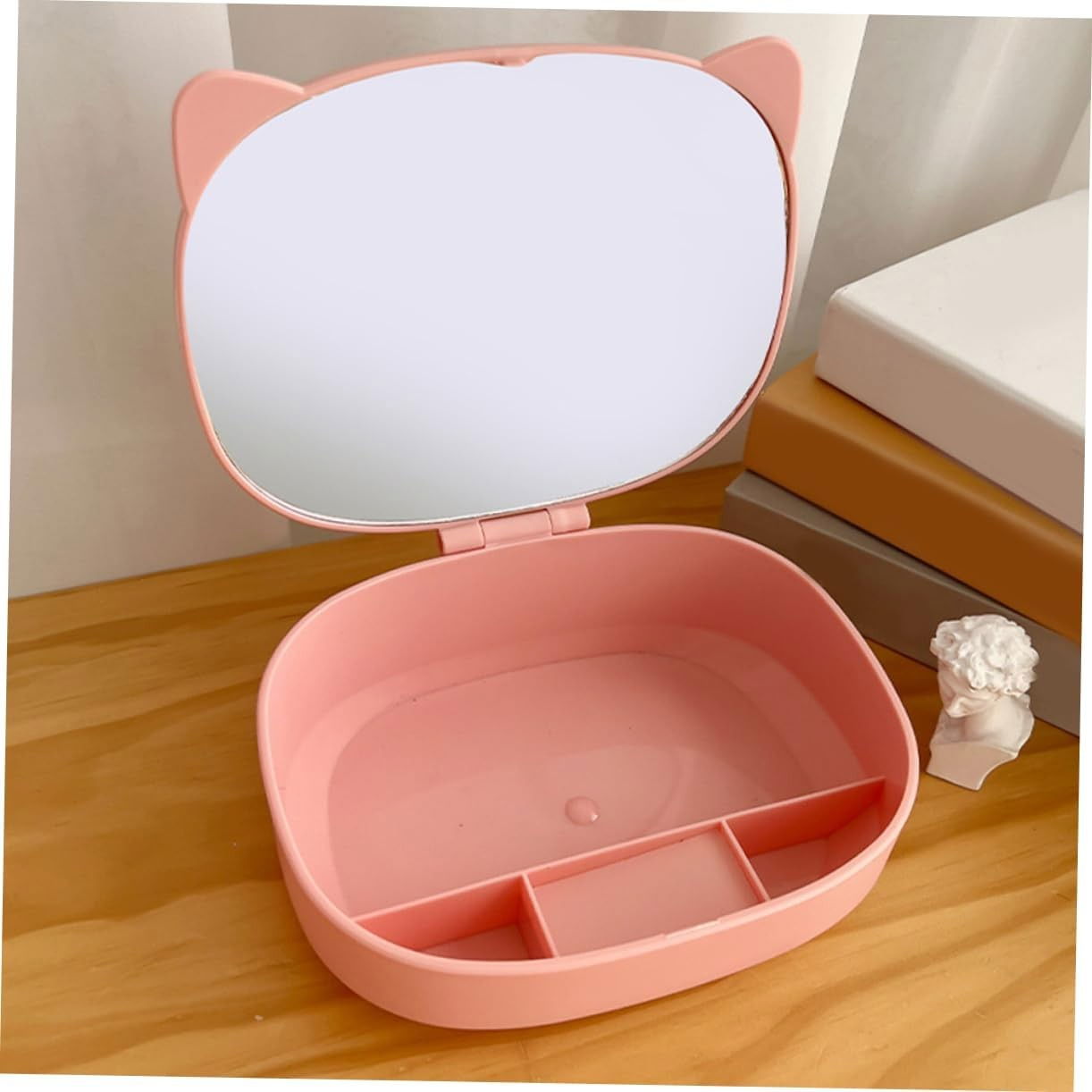 Cutie Organizatoare cu Oglinda, Flippy, 4 Compartimente, pentru Cosmetice si Accesorii, din ABS, 17x13x6 cm, Roz [2]