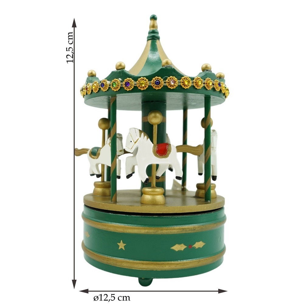 Cutiuta muzicala decorata de Craciun, Carusel rotativ, Verde, din Lemn, Interior, Flippy [11]