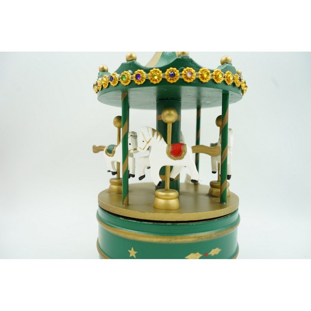 Cutiuta muzicala decorata de Craciun, Carusel rotativ, Verde, din Lemn, Interior, Flippy [7]