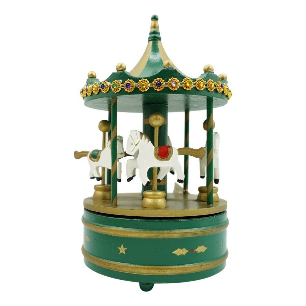 Cutiuta muzicala decorata de Craciun, Carusel rotativ, Verde, din Lemn, Interior, Flippy [1]