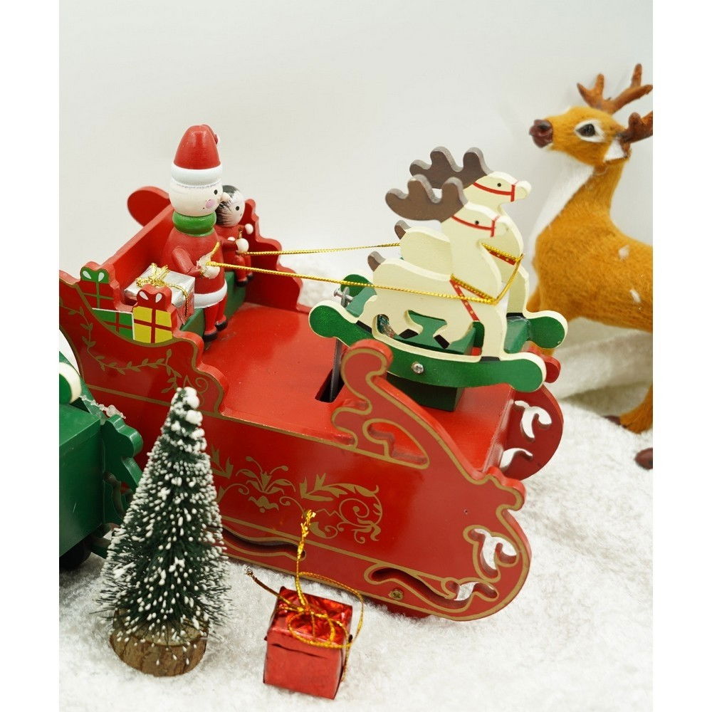 Cutiuta muzicala decorata, Sania lui Mos Craciun, Rosu, din Lemn, 16 cm x 18.5 cm, Interior, Flippy [10]