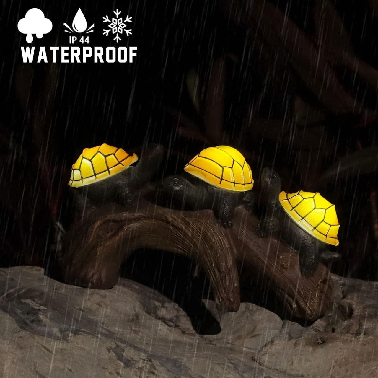 Decoratiune Ornament pentru Gradina, Flippy, Decoratiune pentru Gradina, Model 3 Broscute Testoase Asezate pe Bustean, Lumini LED Alb Cald, 22 x 12 x 15 cm, Negru [6]