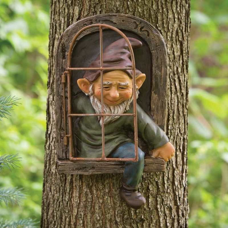 Decoratiune pentru Gradina, Flippy, Model Elf pentru Pom, Statuie pentru Gradina din Rasina, Decor pentru Gradina, Elf, 14.5 x 8 x 15 cm, Maro [2]