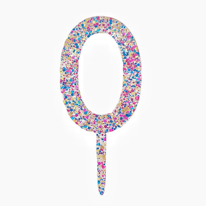 Decoratiune Topper pentru Tort, Flippy, din Acrilic cu Fulgi de Sclipici, Model Cifra 0, Inaltime 18.5 cm, Transparent Multicolor [1]