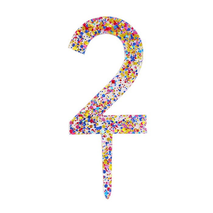 Decoratiune Topper pentru Tort, Flippy, din Acrilic cu Fulgi de Sclipici, Model Cifra 2, Inaltime 18.5 cm, Transparent Multicolor [1]