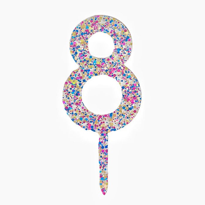 Decoratiune Topper pentru Tort, Flippy, din Acrilic cu Fulgi de Sclipici, Model Cifra 8, Inaltime 18.5 cm, Transparent Multicolor  [1]