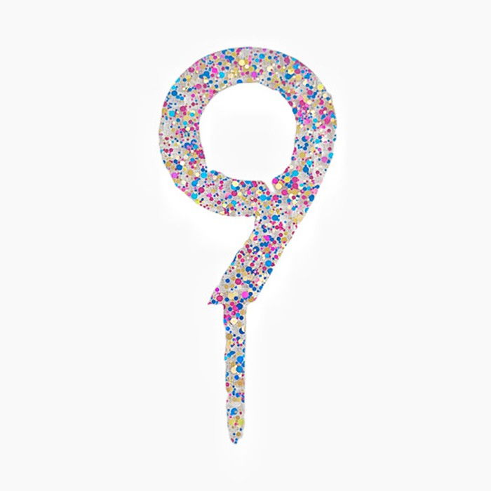 Decoratiune Topper pentru Tort, Flippy, din Acrilic cu Fulgi de Sclipici, Model Cifra 9, Inaltime 18.5 cm, Transparent Multicolor  [1]
