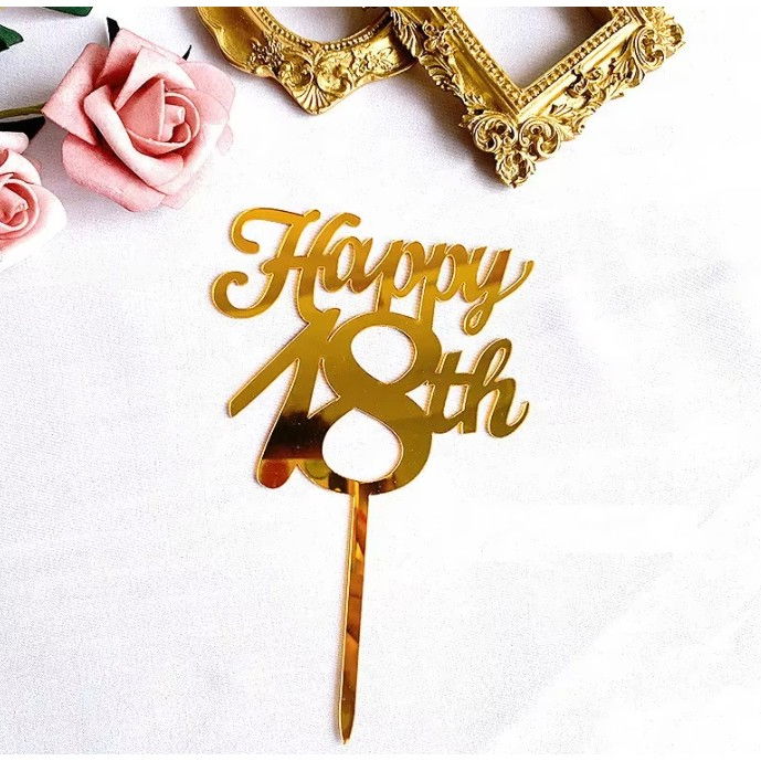 Decoratiune Topper pentru Tort, Flippy, Model Happy18th, Dimensiuni 10 cm, Tematica Majorat, Auriu [4]