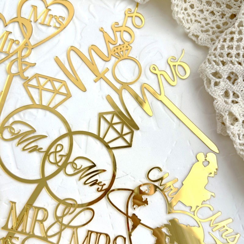 Decoratiune Topper pentru Tort, Flippy, Model Inele Mr&amp;Mrs, Tematica Nunta, 10 cm, Auriu [3]