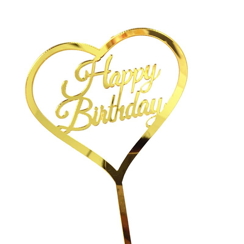 Decoratiune Topper pentru Tort, Flippy, Model Inimioara Scris Happy Birthday, Tematica Aniversare, Auriu [1]
