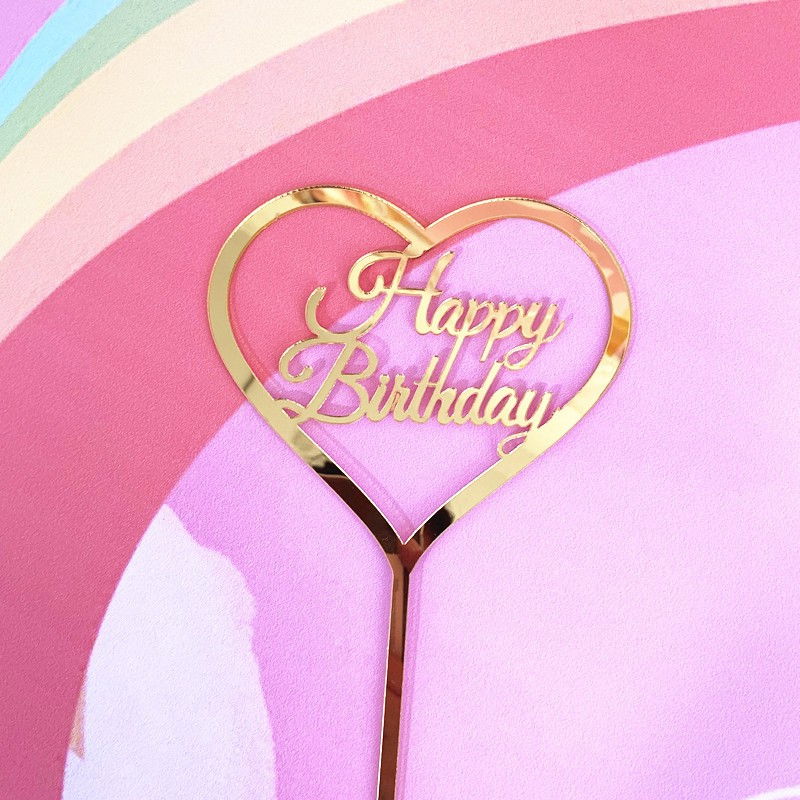Decoratiune Topper pentru Tort, Flippy, Model Inimioara Scris Happy Birthday, Tematica Aniversare, Auriu [7]